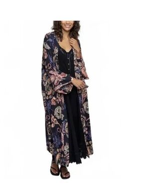 Natural Life Camila Black Botanical Long Kimono Robe for Women - Size L/XL - NWT